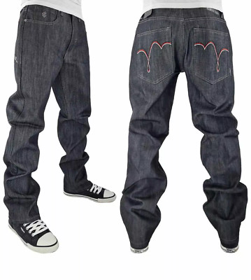 Rocawear Herren Designer Top Stitch Loose Fit Raw Grey Denim Jeans Herren