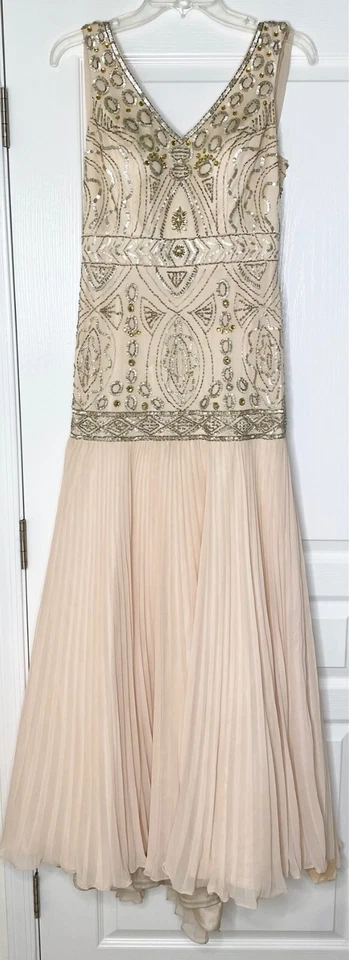SUE WONG Nocturne Blush Nude Embellished Cowl Drape Back Pleated Chiffon Gown 8 - image 2 of 4