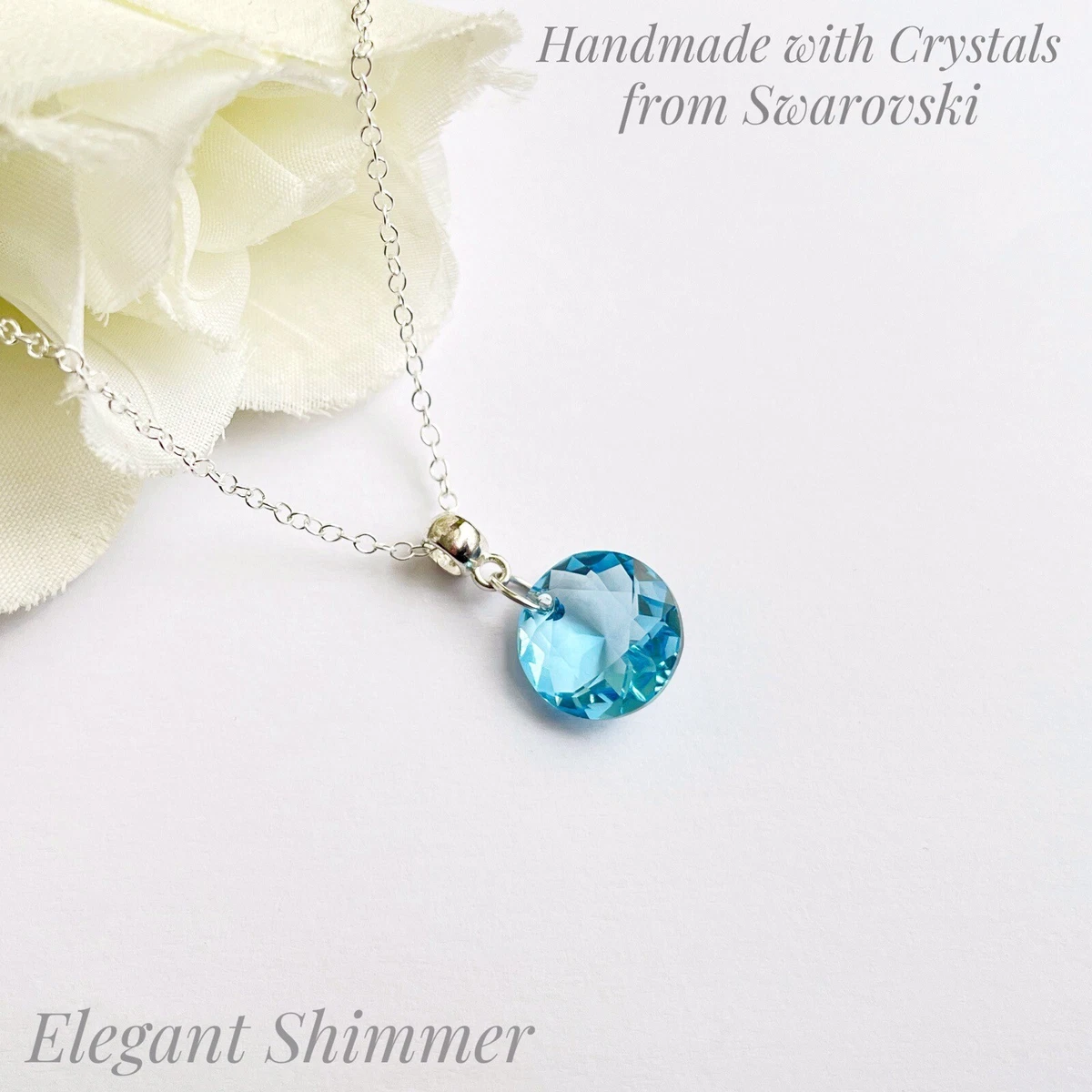 Sterling Silver Necklace With Swarovski 14mm Aquamarine Classic Cut Crystal
