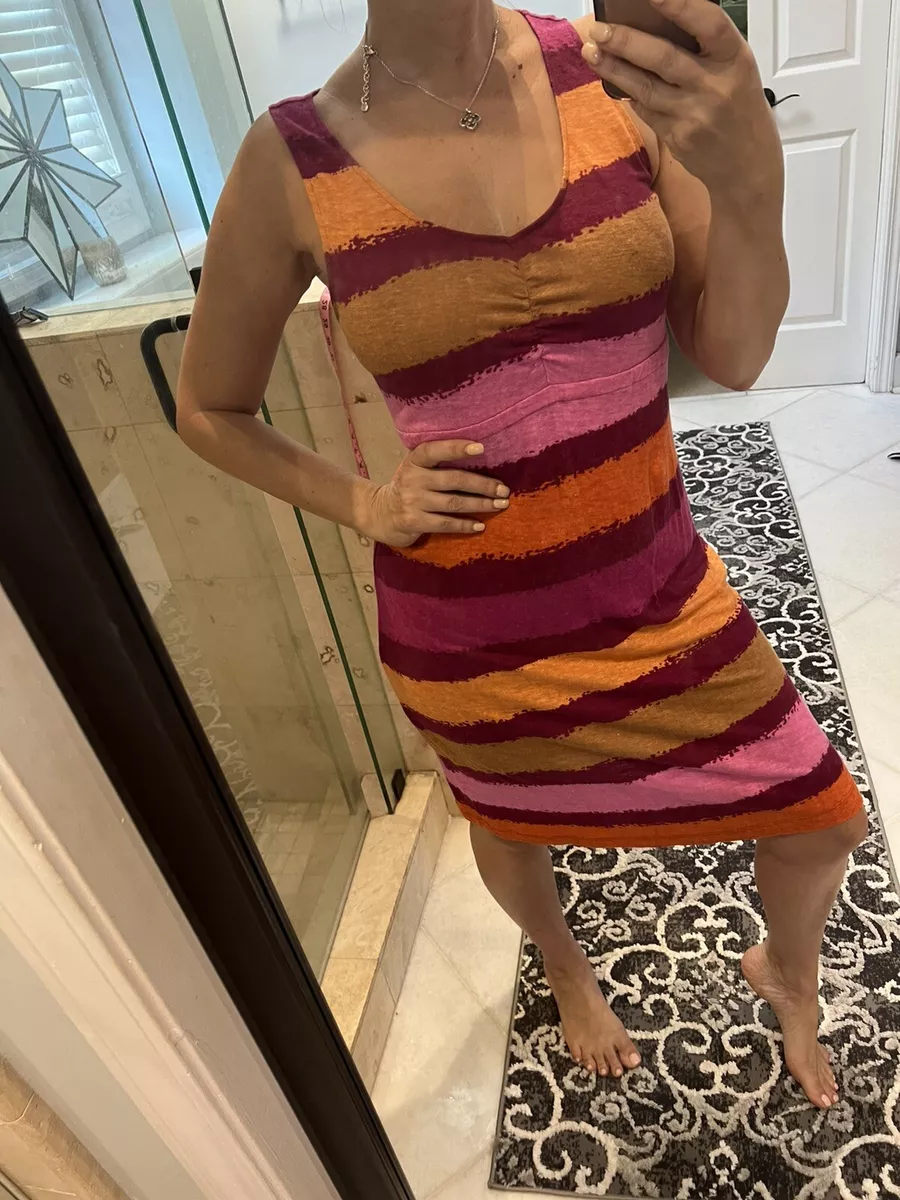Tommy Bahama Womens Linen Dress Medium Shift Pink Orange Tan M Sleeveless Fall