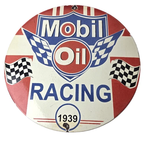 Vintage Mobil Racing Gasoline Sign - Gas Oil Pump Advertising Porcelain Sign