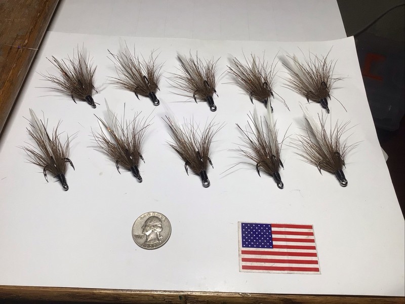 10 Dressed Size 4 Treble Hooks With Deer Hair, Hackle Feathers,flashing. Fly Tyi