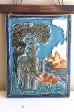 Studio Pottery Hand Built Decorative Tile in Wood Wire Frame Elephant Stamped