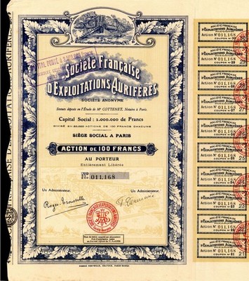 Societe Francaise D'Exploitations Auriferes - Stock Certificate - Foreign Stoc