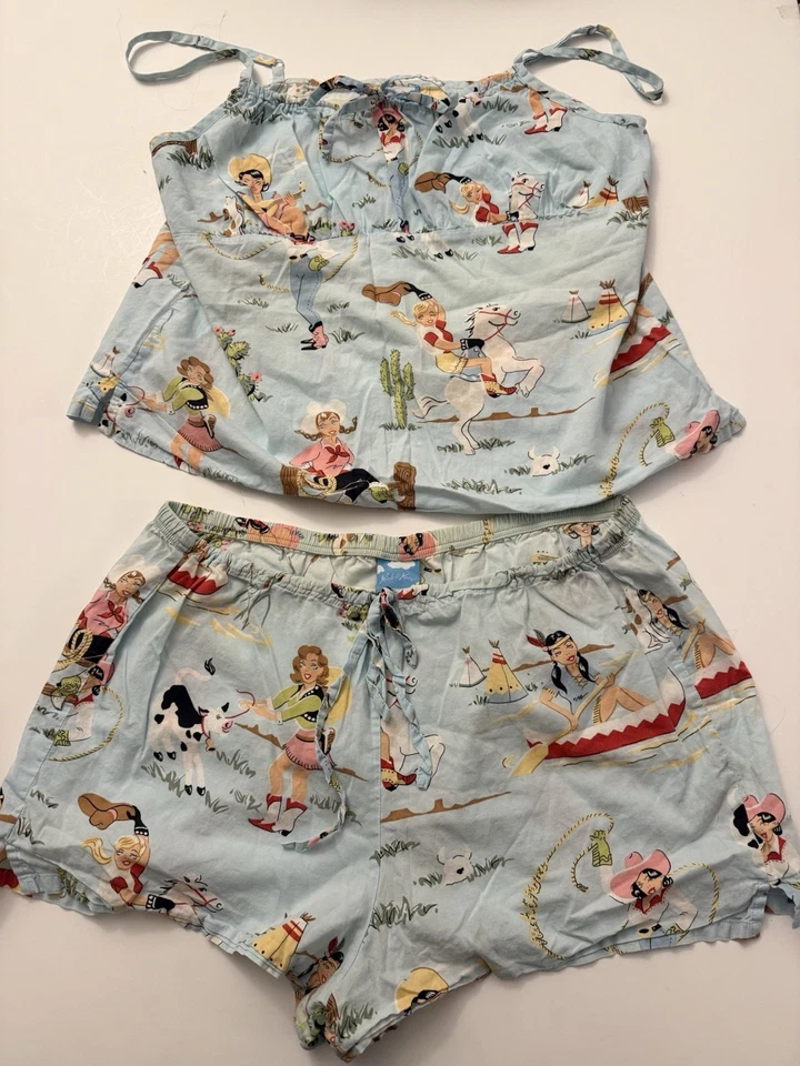 Conjunto de pijama vintage Nick & Nora vaqueras cami con pantalones cortos de algodón talla XL Foto 2 de 4