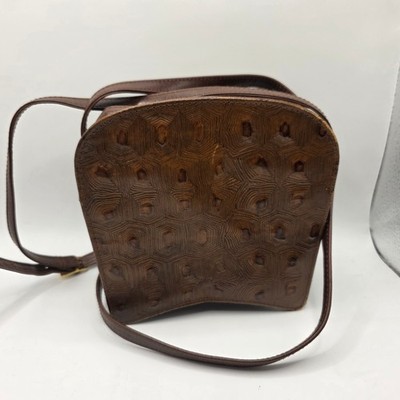 Inge Christopher Brown Leather Geometric Turtle Shell Embossed Crossbody Bag