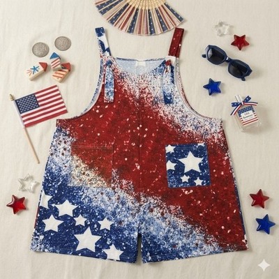 Women' Plus Size 2XL American Patriotic Flag Overall Shorts Romper with Pockets