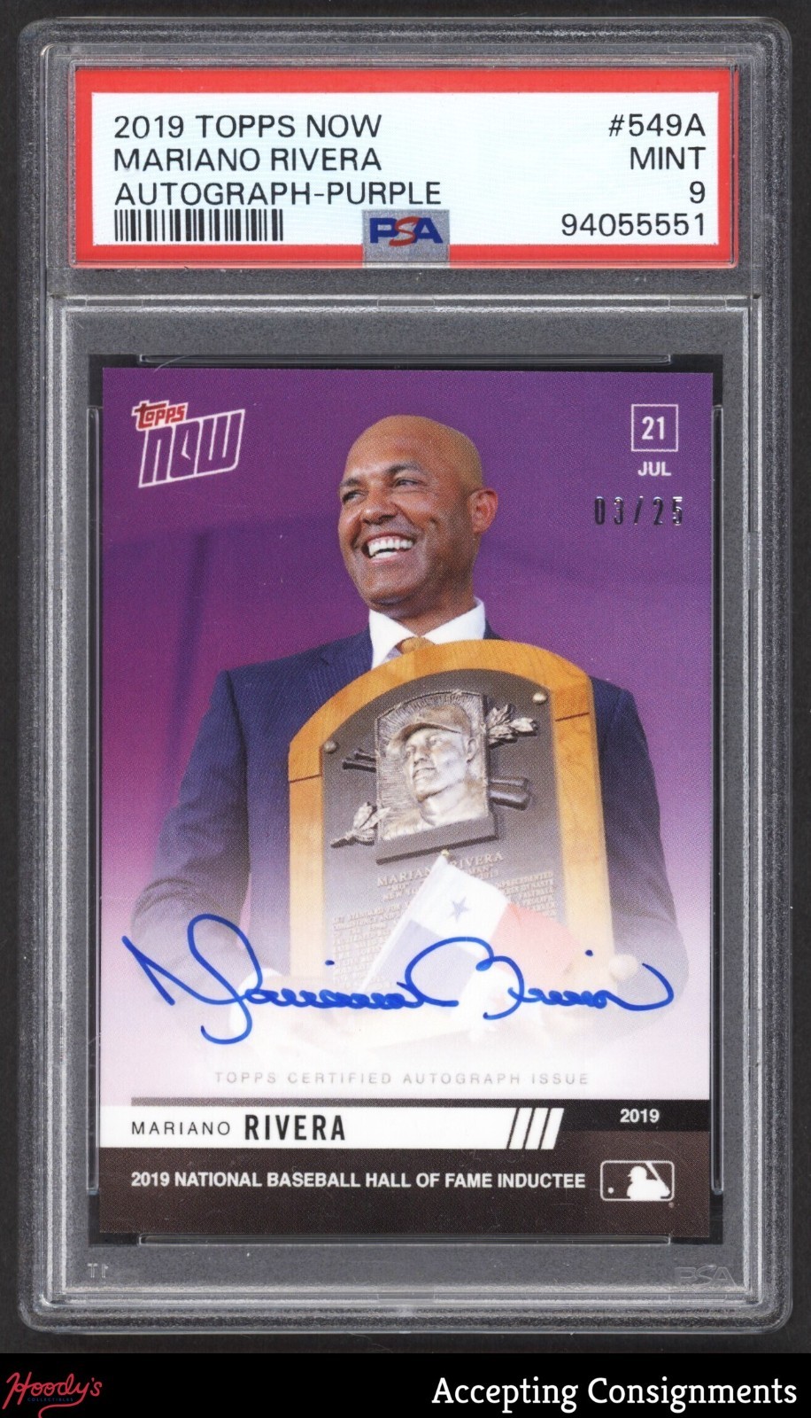 2019 Topps Now Purple #549A Mariano Rivera ON CARD AUTO YANKEES HOF 03/25 PSA 9