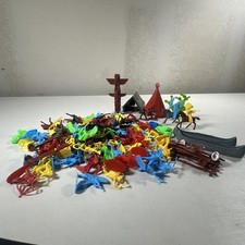 Plastic Cowboys and Indians Figures Horses Wagon Teepee Canoe Vintage Used