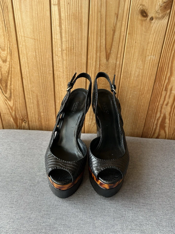 Sandalias Gucci Vintage Cuero Plataforma Tacones Estampado Animal Talla 36.5 EE. UU. 6.5 Foto 2 de 4
