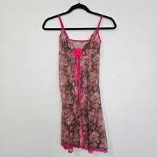 Vintage y2k Floral Sheer Babydoll Slip Dress Lingerie Hot Pink Lace Trim XS