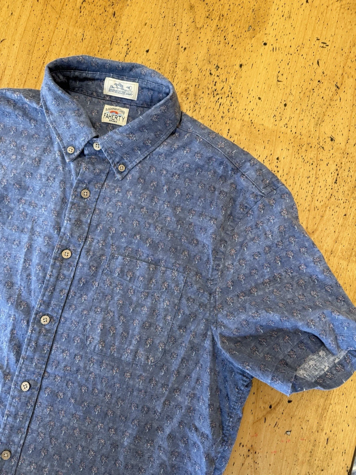 Faherty The Breeze Shirt Mens M Indigo Dyed All Over Print Button Up Linen Blend