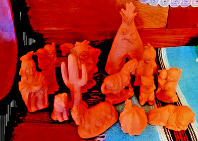 13 piece Native American  motif terracotta nativity scene Cactus teepee wolf