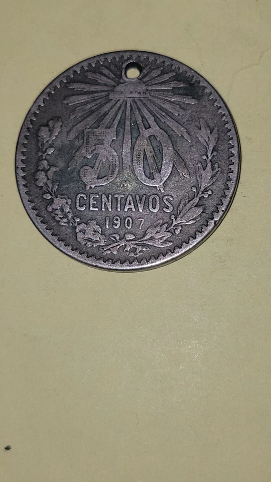 1907 Mexico 50 Centavos Silver Coin With A Hole. - Image 2 of 2