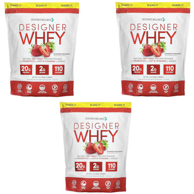 Designer Whey Natural 100% Whey Protein Summer Strawberry 2 lbs Each (Pack of 3