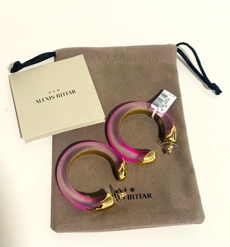 ALEXIS BITTAR LUMINOS PURPLE LUCITE DIPPED GOLD STATEMENT HOOP EARRINGS 2" NEW - Picture 2 of 11