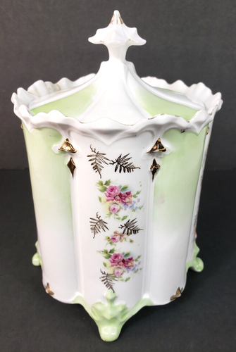 Antique Germany Saxe Altenburg Medium Canister Footed Green Floral Lid Porcelain - Picture 2 of 14