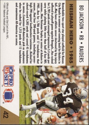 1991 Pro Set #42 - Bo Jackson Heisman Hero - Picture 2 of 2