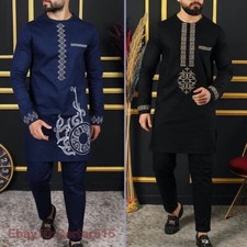 New 2PC Men's Clothing Round Neck Long Sleeve Pants Set African Ethnic Clothing