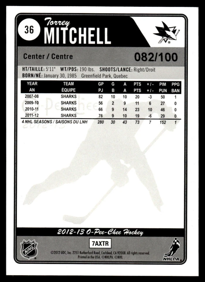 2012-13 O-Pee-Chee FOIL /100 Torrey Mitchell San Jose Sharks #36 - Image 2 of 2