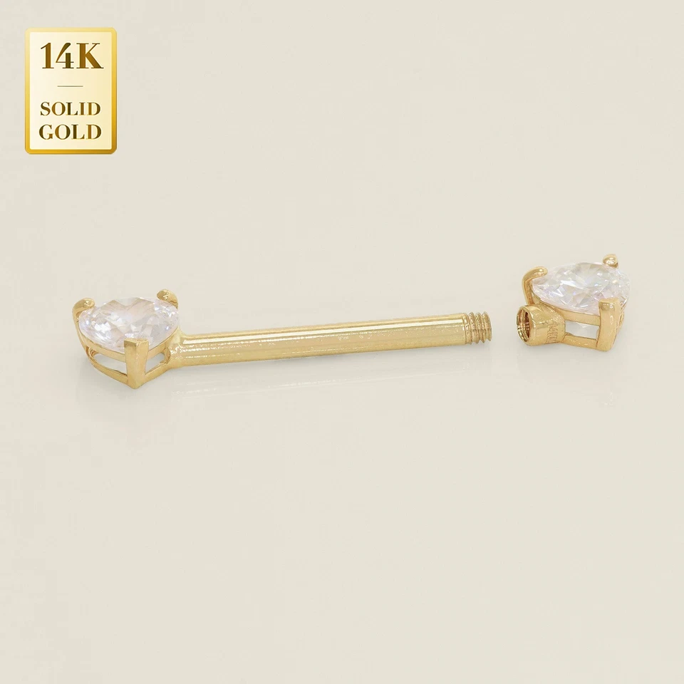 14K Solid Gold Cubic Zirconia CZ Heart Straight Barbell Nipple Piercing 14g - Image 3 of 3
