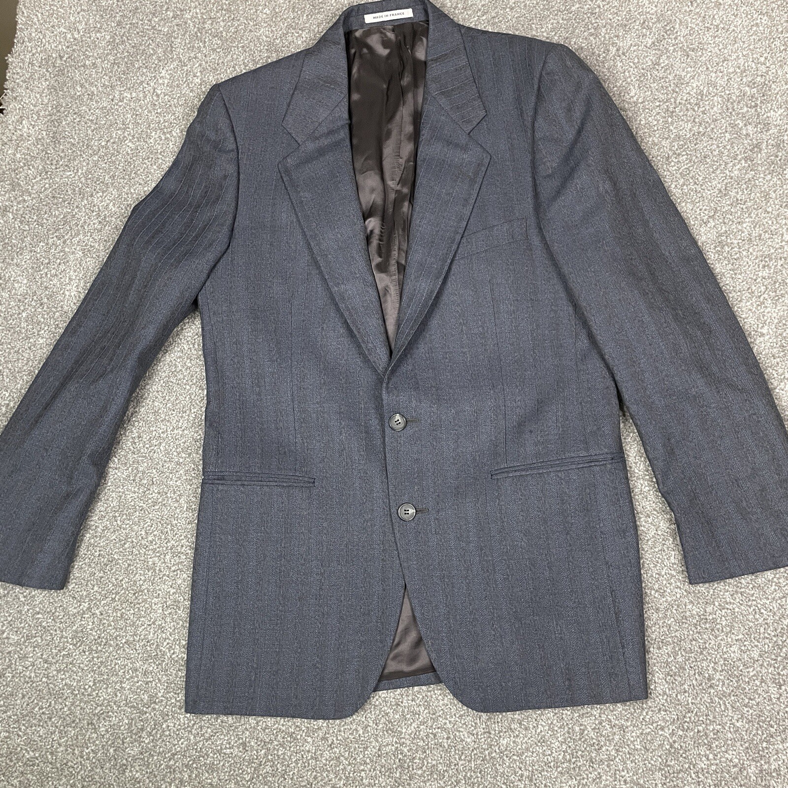 Yves Saint Laurent Blazer Tuta Giacca Cappotto Grigio Blu 100% Lana Made In France