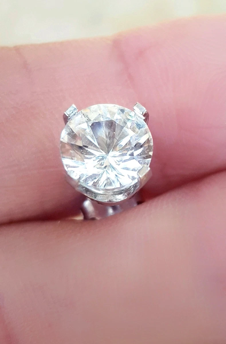 Men s Single Stud. 1CT Natural White Sapphire Solid 14K White Gold