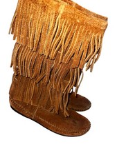 MINNETONKA 3-Layer Fringe Moccasin Mid-Calf High Boho Boot Women's Size 7