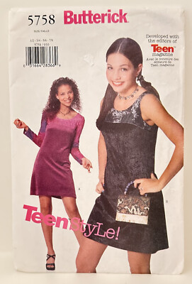 Butterick 5758 Junior Teen A-Line Pullover Dress in 2 Styles Sz 1-8 Teen