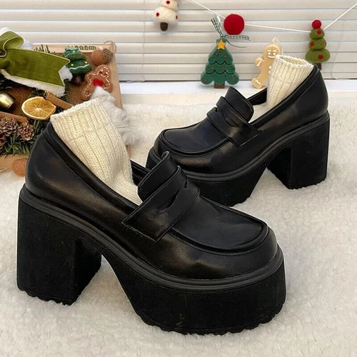 Plataforma Cuero PU Gótico Negro Grueso Tacones Altos Bomba Mocasines JK Uniforme Zapatos - Imagen 19 de 23