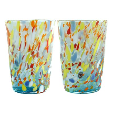 Paar 2 zwei Murano Glas Trinkbecher hellblau rot Handarbeit Millefiori