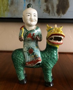 CHINESE FAMILLE PORCELAIN BOY RIDING QILIN DRAGON 10" SCULPTURE FIGURE STATUE