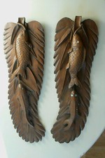 Paire panneau bois sculpté poissons bas relief CARPE KOI CHINESE FISCH