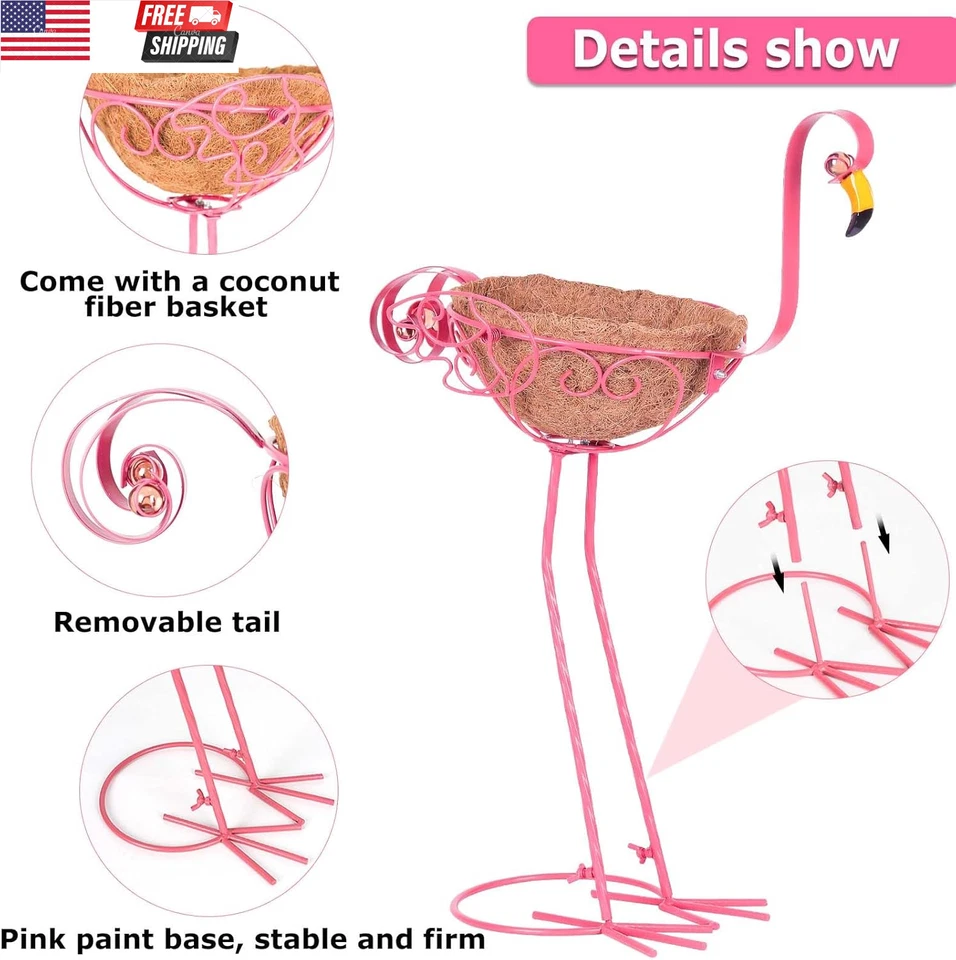 Juego de 2 jardineras de flamenco de metal rosa con cesta para jardín interior exterior patio Foto 4 de 4