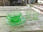 Green Depression Glass Cup & Saucer Swirl Design + 2 Shot Glasses-Plain Design