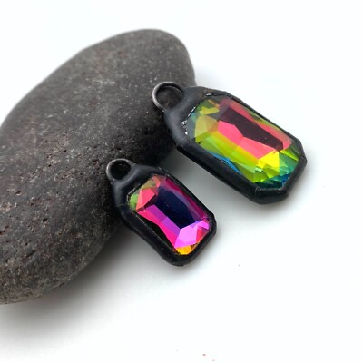 Rectangular Rainbow Glass Rhinestone Soldered Pendant (SGP105)