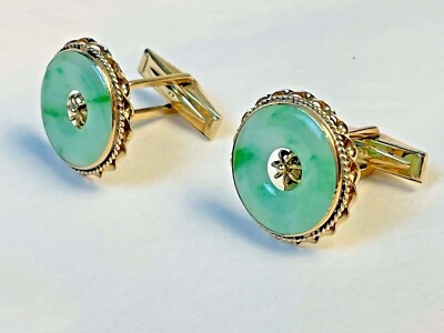 14k yellow gold and apple green and white jade jadeite cufflinks