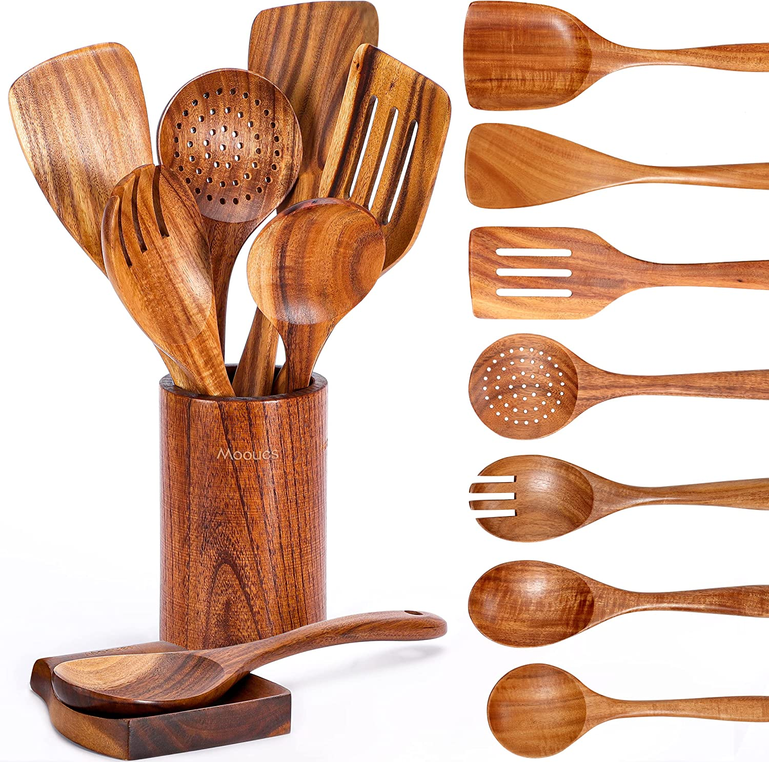 9 Piece Natural Teak Wooden Kitchen Utensil Set with Spoon Rest - Comfort Grip C
