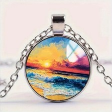 Seaside Sunset Print Ocean View Round Glass Pendant Necklace Jewelry