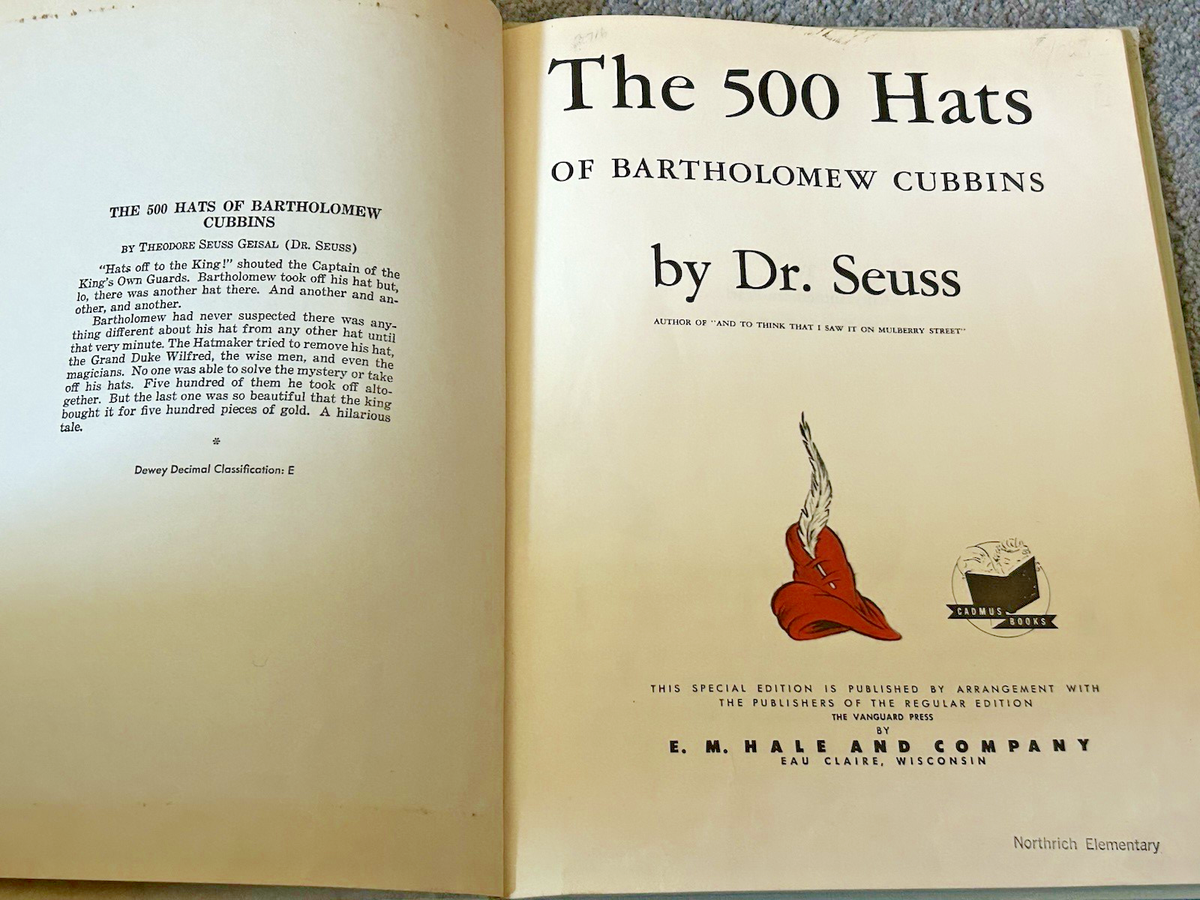 Seuss/500 Hats B CUBBINS/1938 1st Ed/HC/Used G-VG