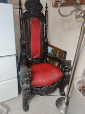 Lion King Throne Chair Hand Carved Wood, Mahogany Red