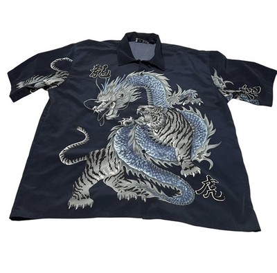 Vintage Chinese Dragon vs Tiger 90s 2000s Button Up Shirt Blue 