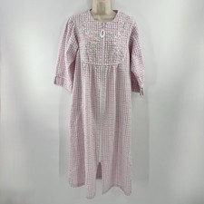 Miss Elaine Seersucker ZipFront Housecoat Robe Gingham Floral emroidered S E1