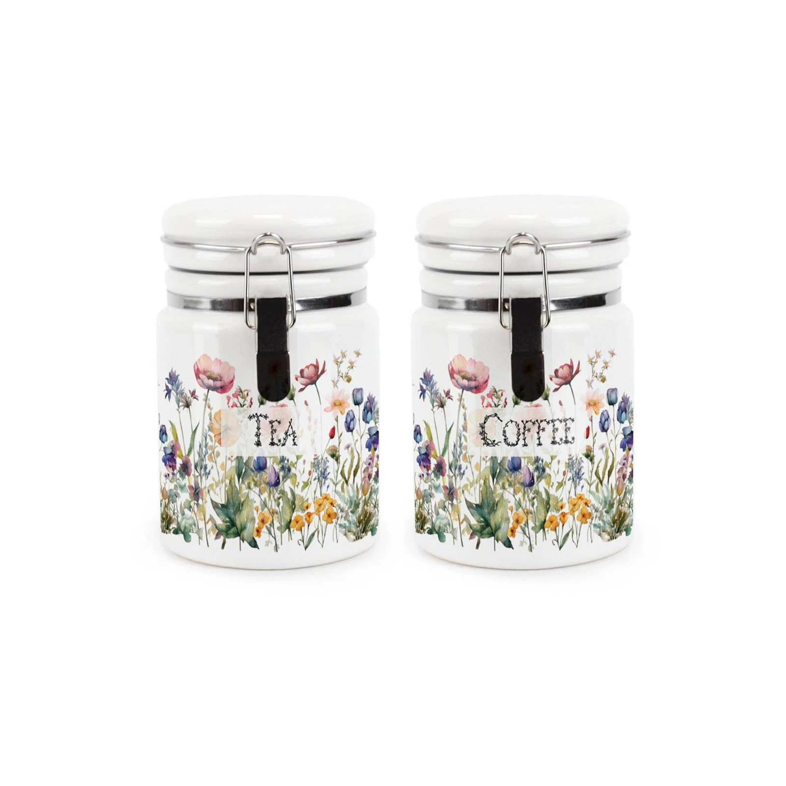 Ceramic Clip-Lid Wildflowers Canisters - Tea & Coffee Containers