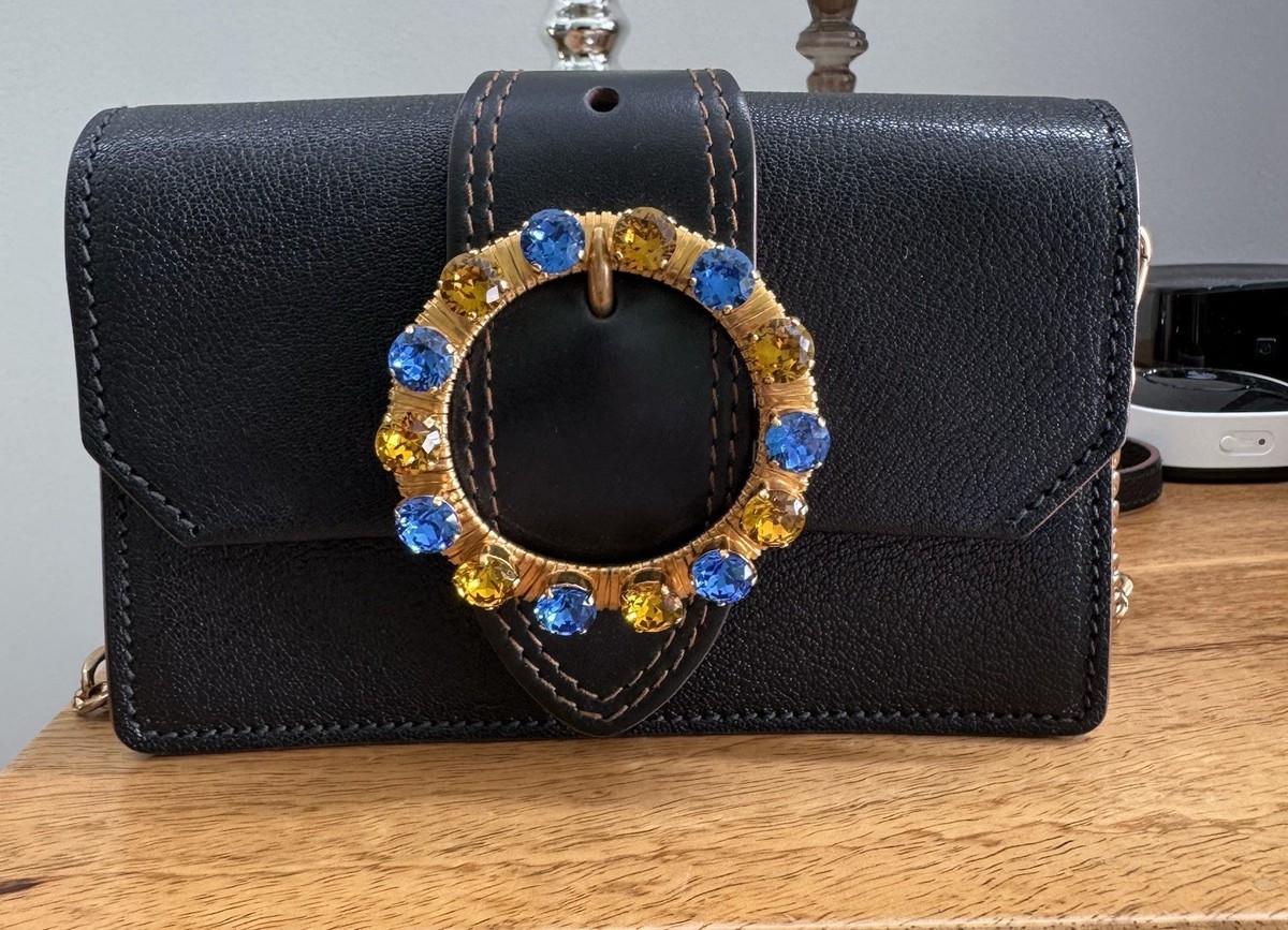 Miu Miu Madras Blue Leather Crystal Embellished Jewelled Cross