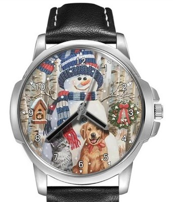 Schneemann Hund Katze Winter Lederband großes Zifferblatt Geschenk Armbanduhr
