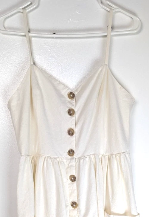 Cooperative Womens XL  Linen Blend Cream Dress Smocked Back Lined Button Front - Image 2 of 4