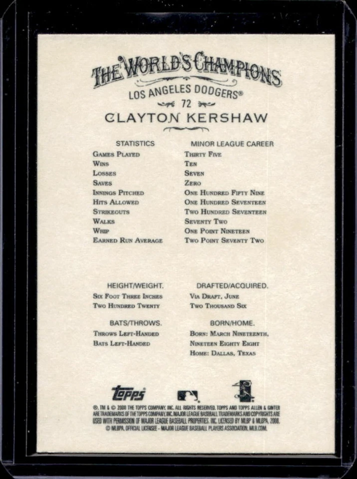 2008 Allen & Ginter Clayton Kershaw Rookie RC #72 Dodgers - Image 2 of 2