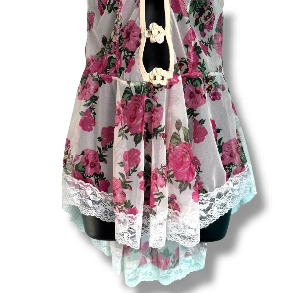 Small Y2k Chemise Slip Cami Dress Laces Bow Babydoll Coquette Feminine Floral - Image 3 of 4