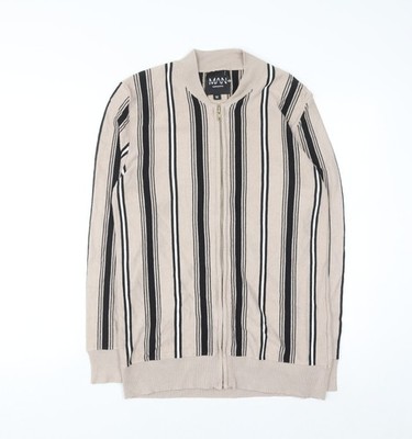 boohooMAN Herren Pullover beige gestreift durchgehender Reißverschluss Größe M klassischer Strick